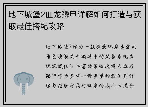 地下城堡2血龙鳞甲详解如何打造与获取最佳搭配攻略 地下城堡2血龙鳞甲详解如何打造与获取最佳搭配攻略